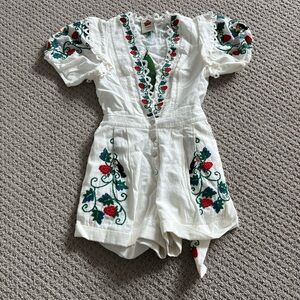 White Embroidered Romper with Floral Design